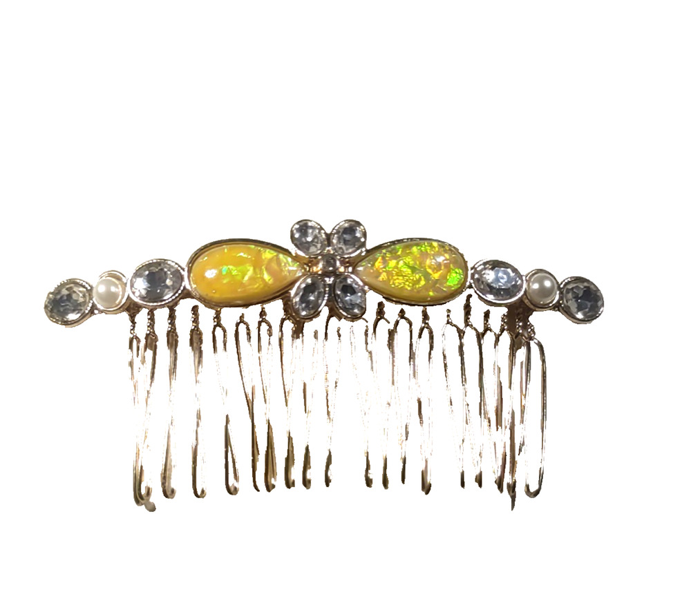 Hair Comb Barrette Rhinestone Faux Pearl Yellow Gold Tone Spring Feminine Party